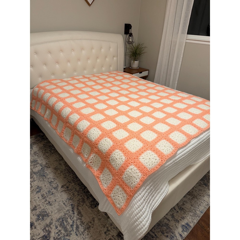 Vintage Afghan Blanket Cottagecore Handmade Crochet 76"x75" Orange/peach & White